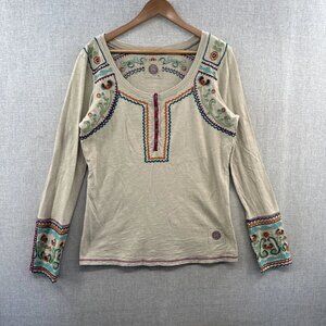 Double D Ranch Henley Shirt XL Beige Embroidered Long Sleeve Western Cowboy